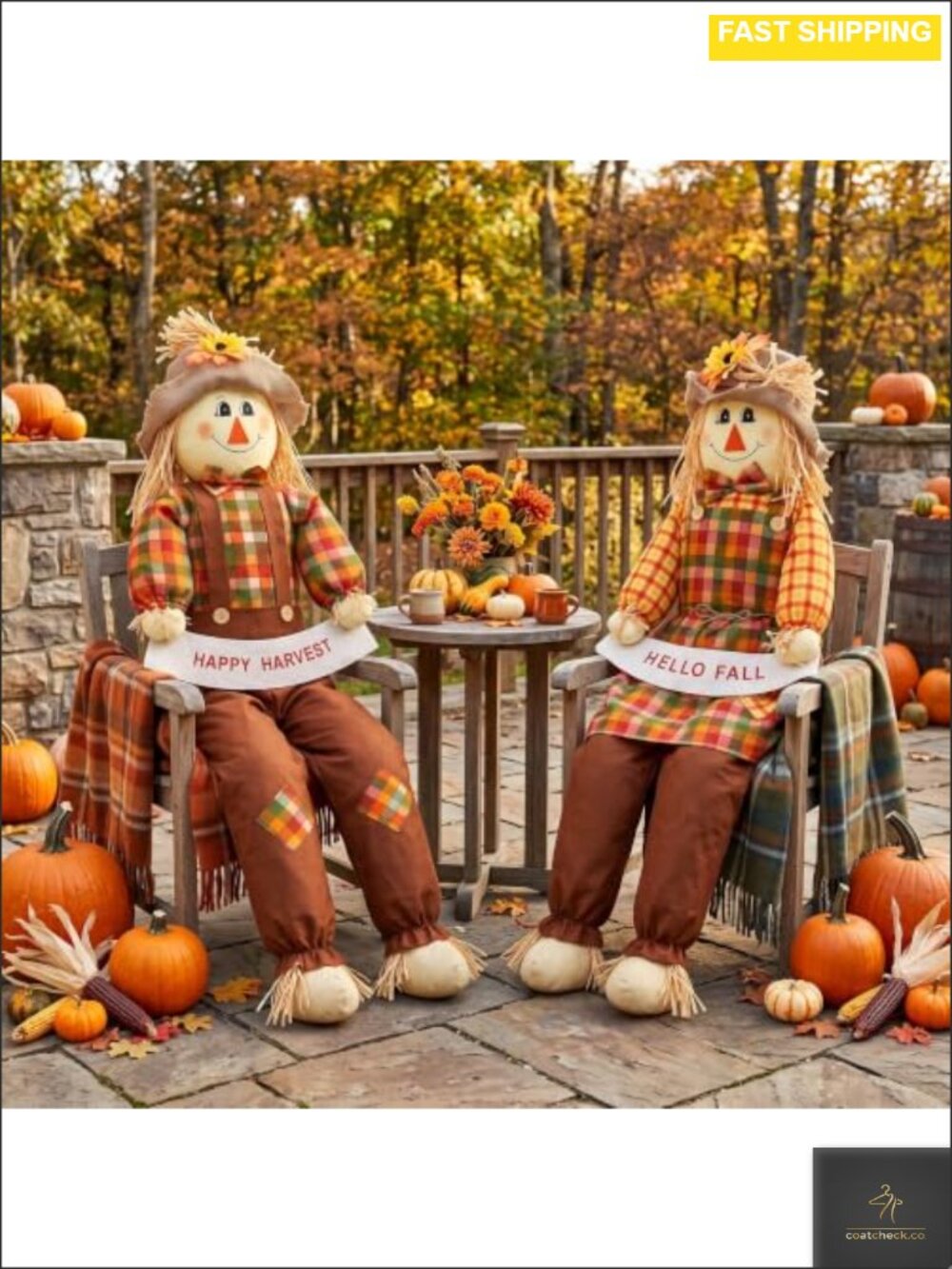 60" Large Sitting Scarecrow 2 Pack Thanksgiving Fall Harvest Outdoor Decor